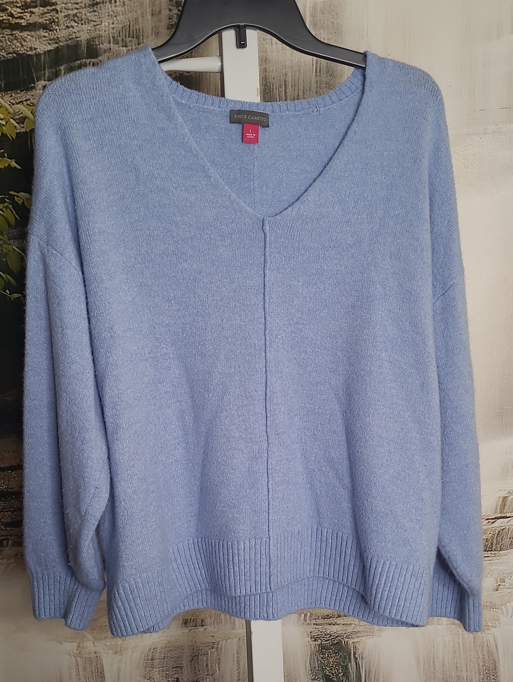Vince Camuto Womens Large Sky Blue V Neck Relaxed Knit Acrylic Cozy Sweater